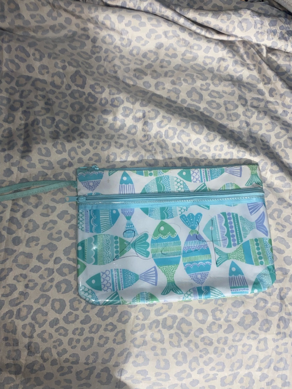 Fish pattern light blue and white cosmetic pouch